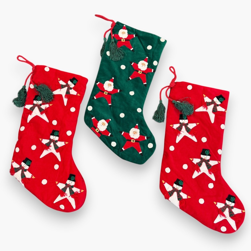 Christmas Stockings Set of 3 Red & Green Velvet Santa Snowman Appliqué Tassels